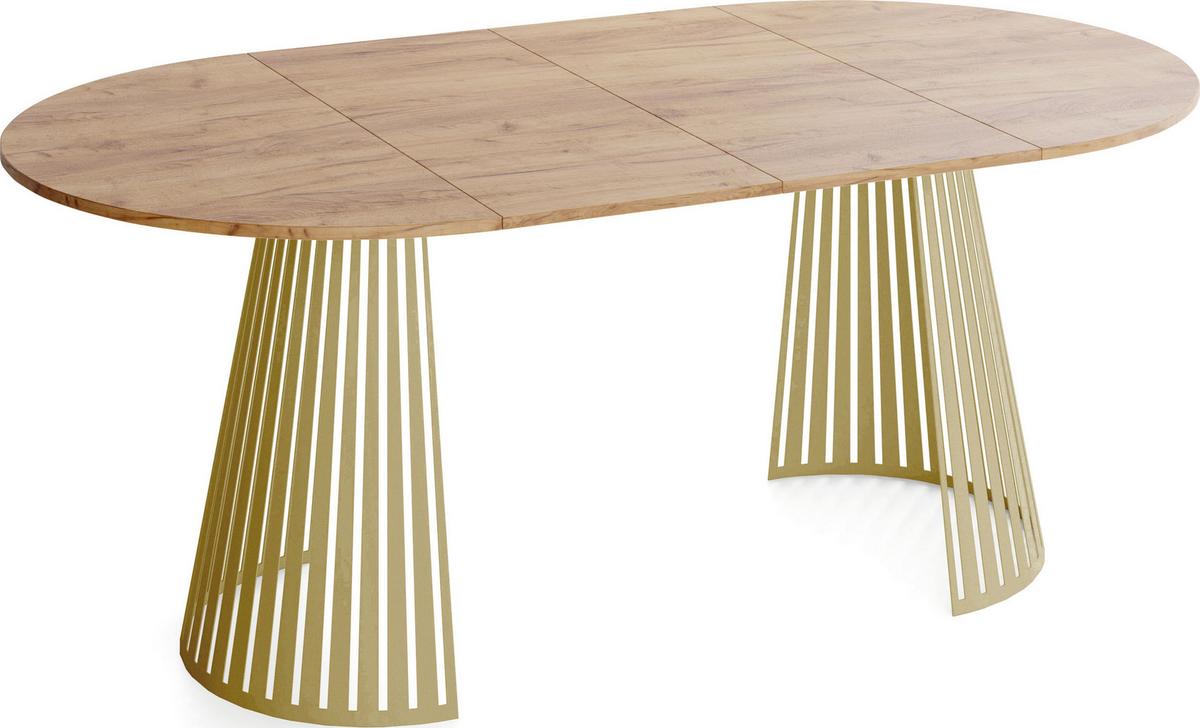 ESSTISCH Naro rund ausziehbar mit Goldenem Lamellen-Metallgestell, Braun 100-180/100/76 cm - Eiche Wotan/Goldfarben, Holzwerkstoff/Metall (100/176/76cm) - WFL GROUP
