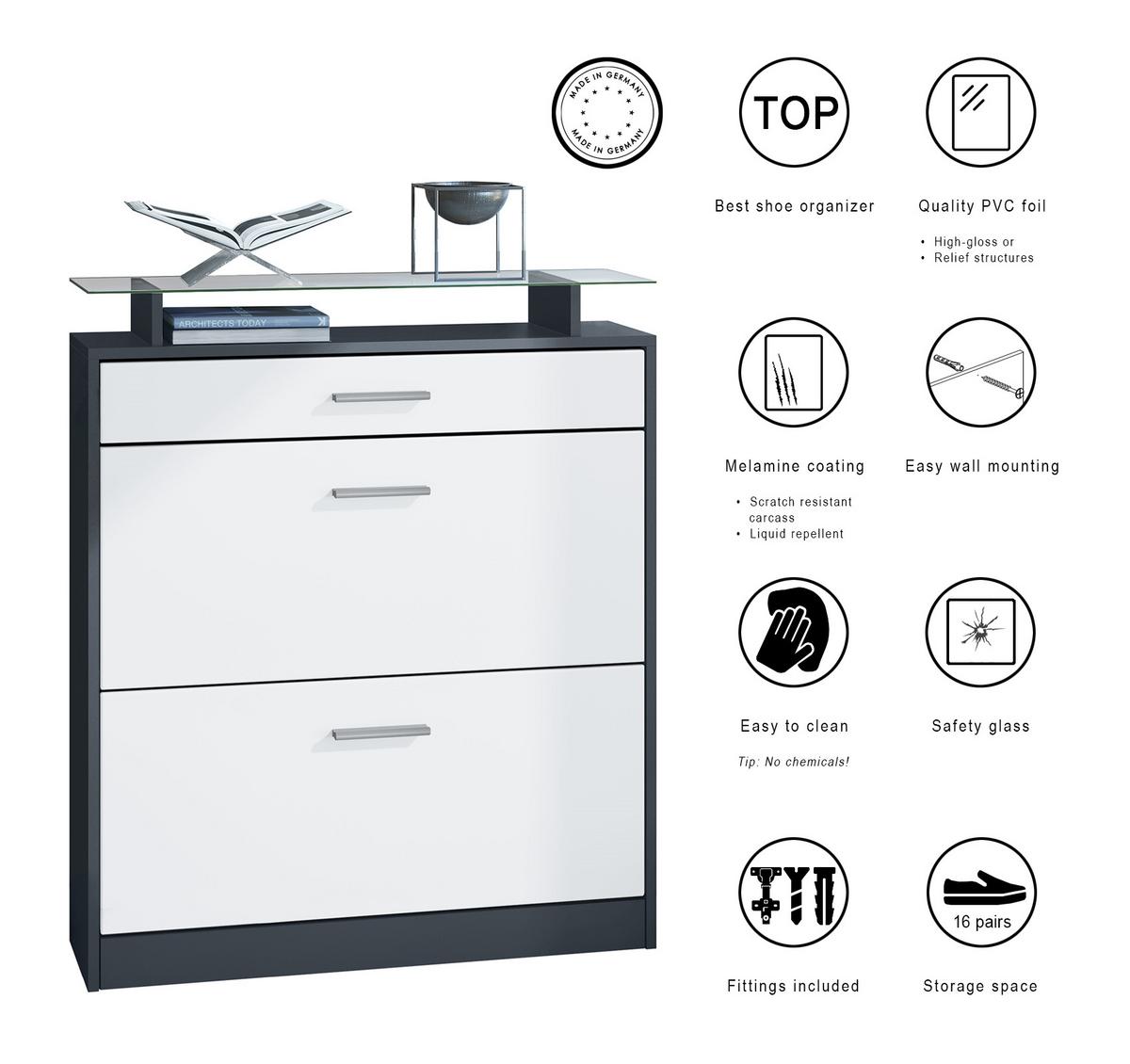 SCHUHSCHRANK Loret Front in Beton Oxid Optik - Hellgrau, Holzwerkstoff (89/104/23cm) - Vladon