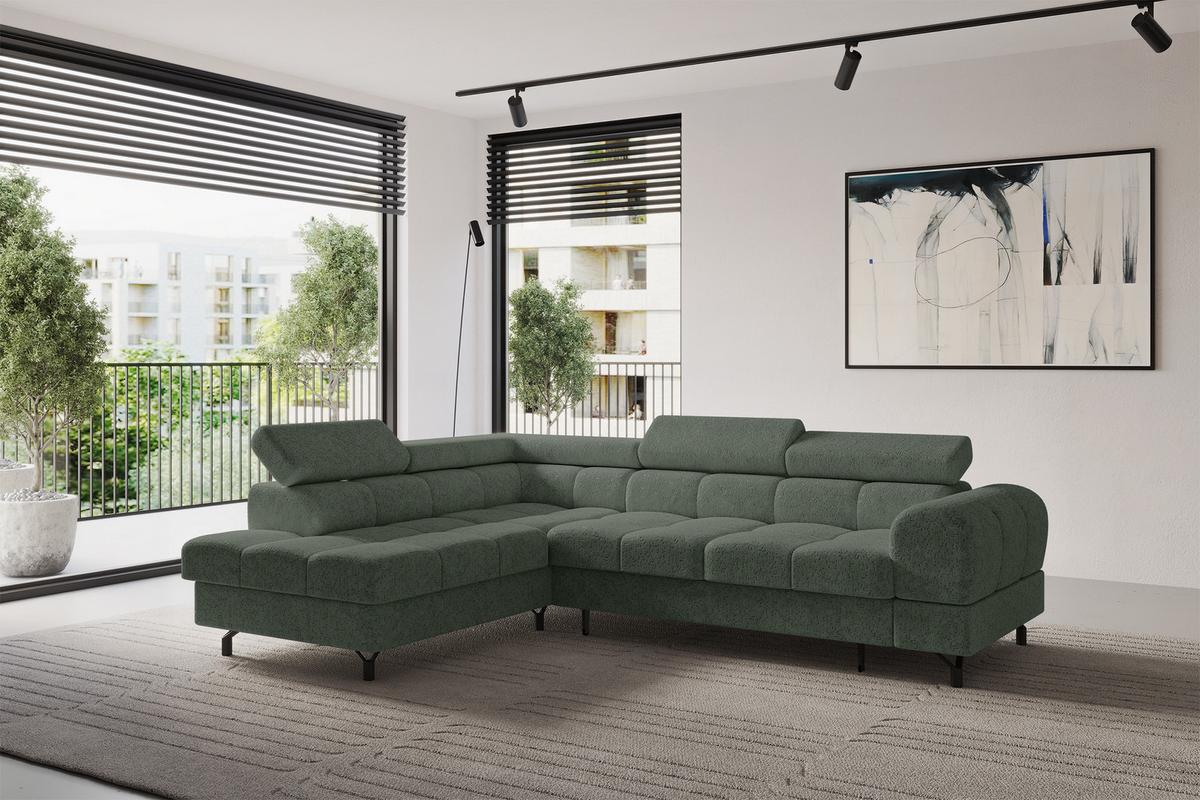ECKSOFA mit Schlaffunktion Ottomane Links LUMA-L 272x203x70 Grün Velours - Schwarz/Grün, Holzwerkstoff/Kunststoff (272/203cm) - ALTDECOR