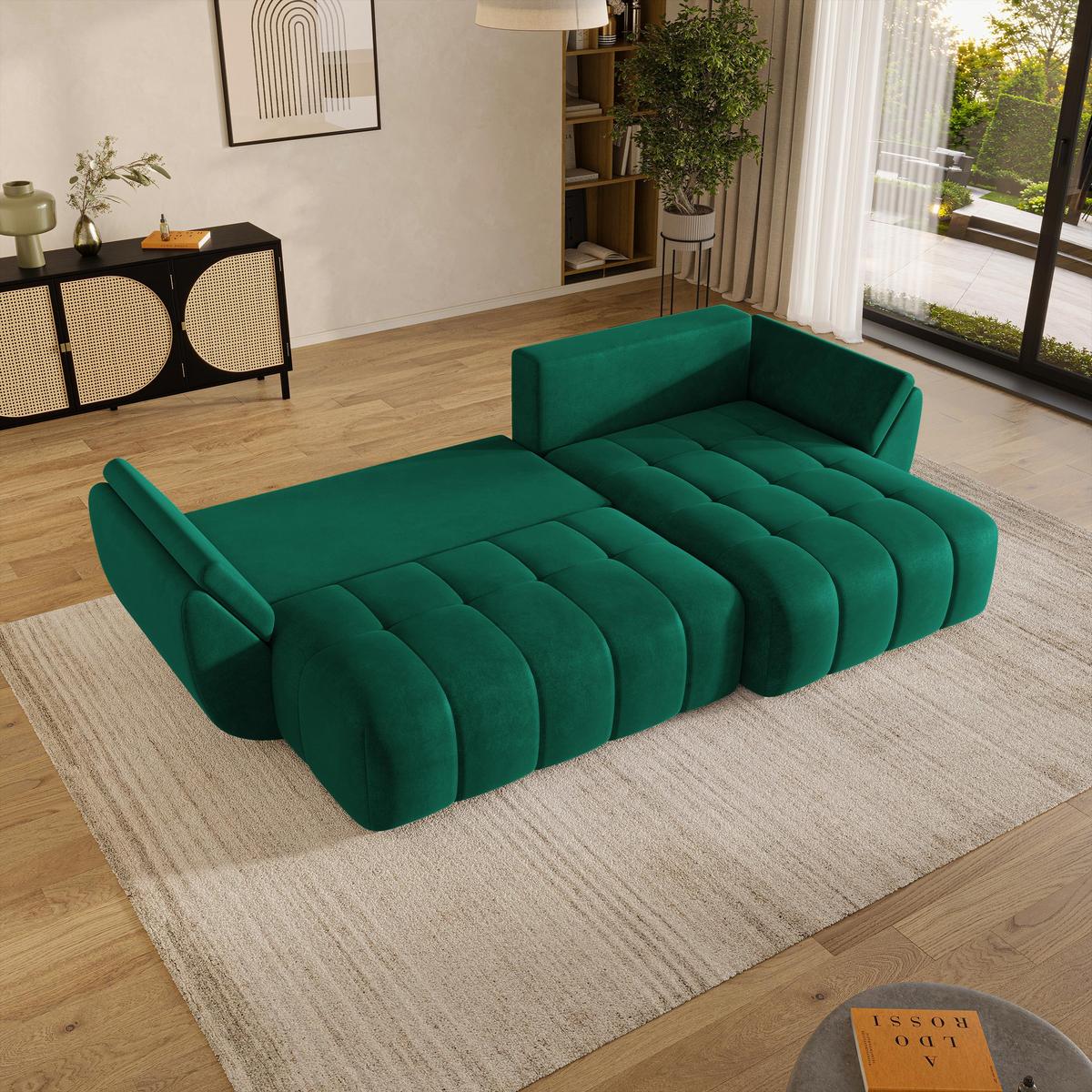 ECKSOFA OLSI Grün Velours-Stoff mit Schlaffunktion - Grün, Holz (285/148cm) - MASSENO