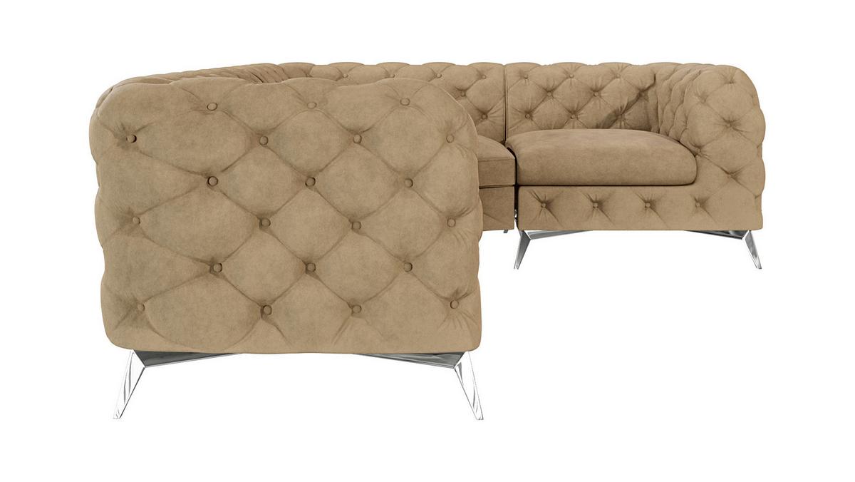 ECKSOFA Chesterfield Laura Beige Samt, Ottomane rechts - Beige/Silberfarben, Holz/Textil (264/204cm) - S-Style Möbel