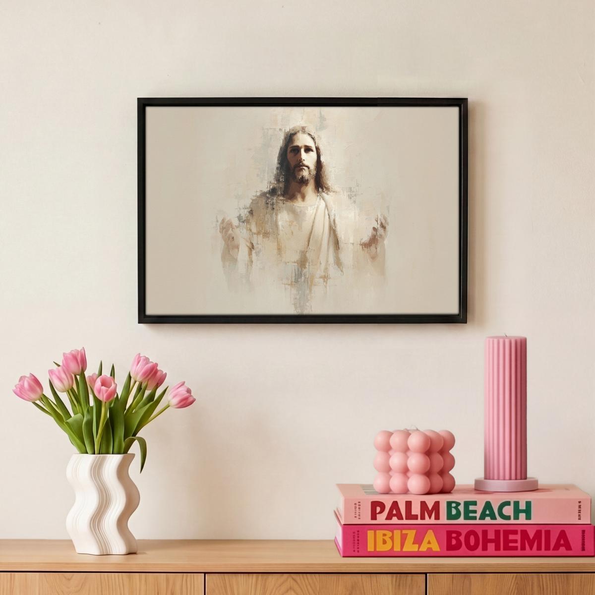 LEINWAND Bilder mit Rahmen - Porträt - Abstrakt - Jesus - Beige - 30x20 - Beige, Textil (30/20cm) - MuchoWow
