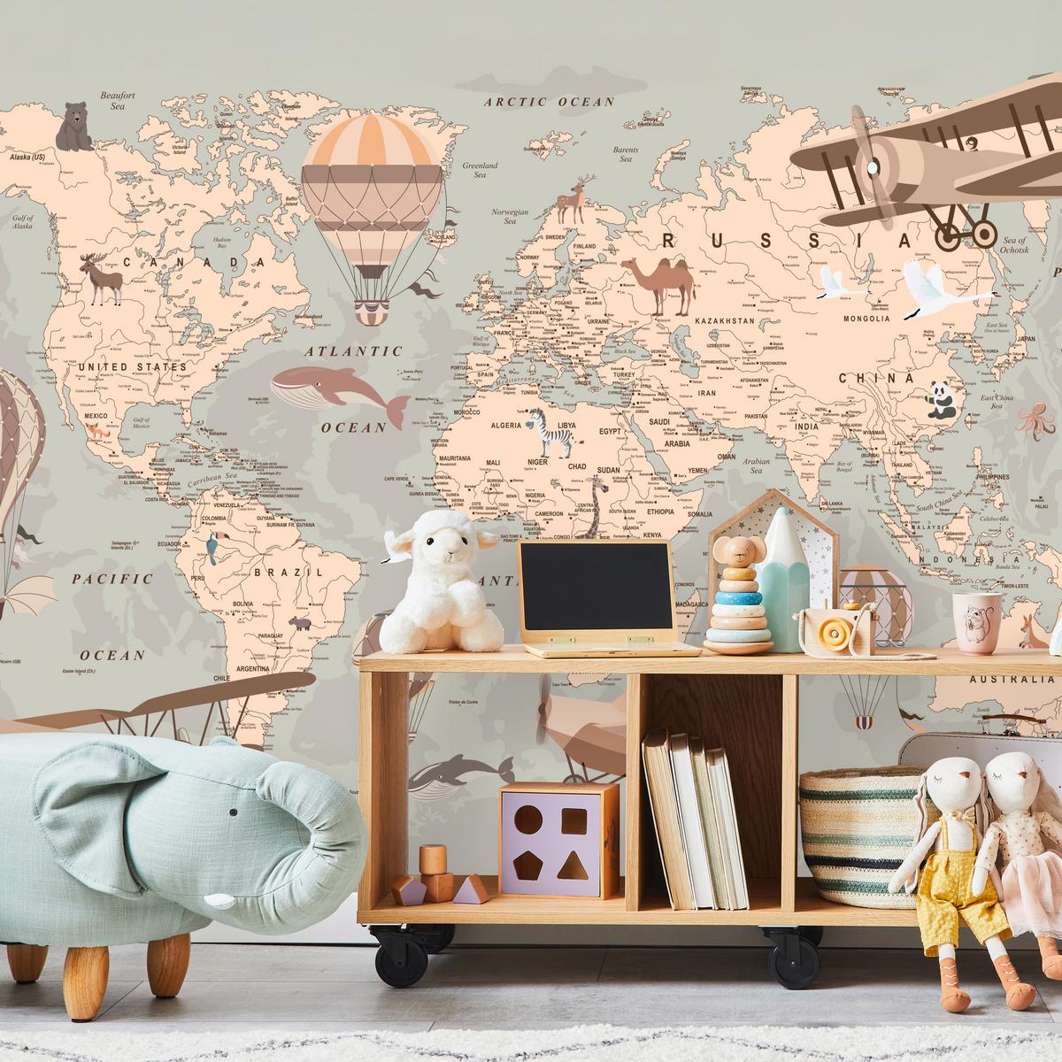 FOTOTAPETE für Kinderzimmer Retro Weltkarte Balony Flugzeuge 100x70 - Beige/Orange, Papier (100/70cm) - Muralo