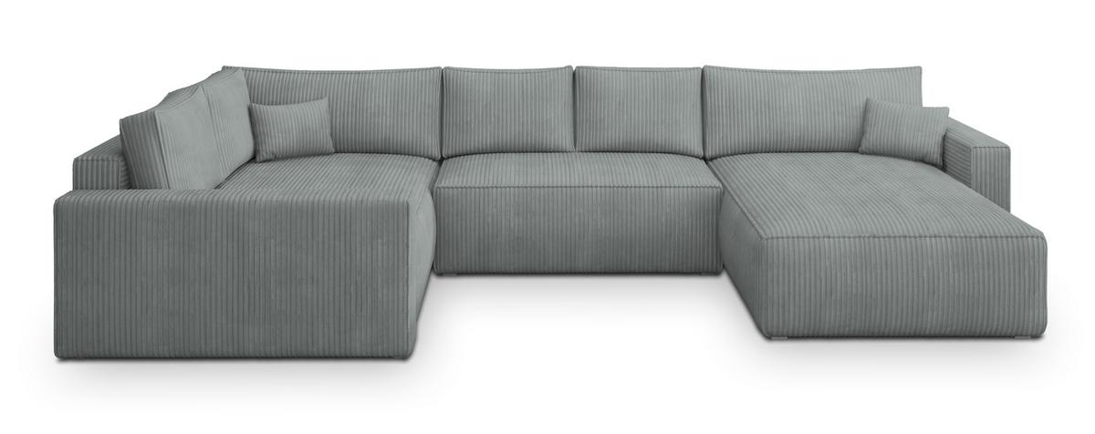 WOHNLANDSCHAFT VELAMI L-S Hellgrau Kordstoff mit Schlaffunktion - Hellgrau, Holz (365/83/194cm) - MASSENO