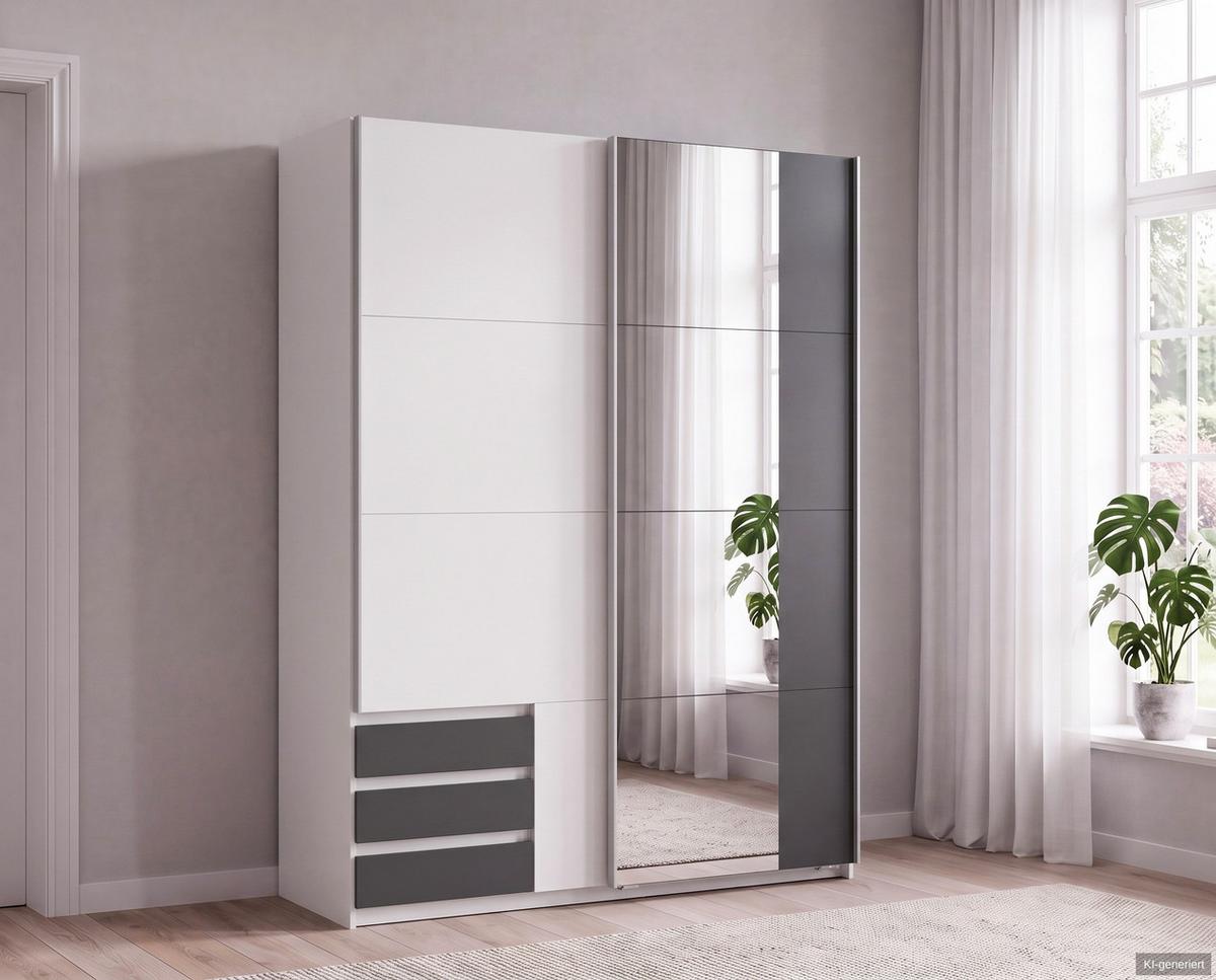 SCHWEBETÜRENSCHRANK 2-türig B135/H198/T65 cm, Kleiderschrank in Weiß, 1x Tür & sichtbare Schubkästen in Grafit mit Spiegel / 22675 - Graphitfarben/Alufarben, Holz/Holzwerkstoff (135/198/65cm) - luma-home