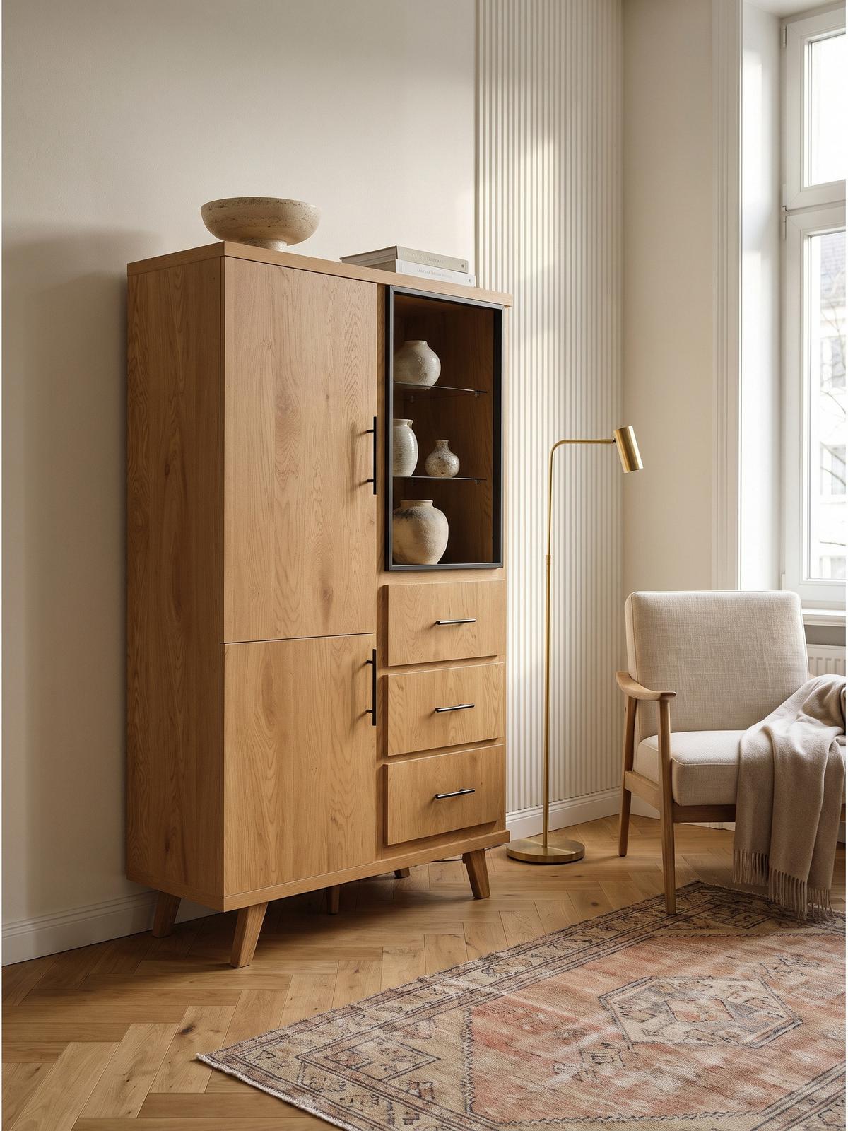 HIGHBOARD BASSANO, MDF, in Eichenoptik, mit Stauraum, 100 x 40 x 188 cm - Hellbraun/Braun, Eichenholz/Holzwerkstoff (100/188/40cm) - KADIMA DESIGN