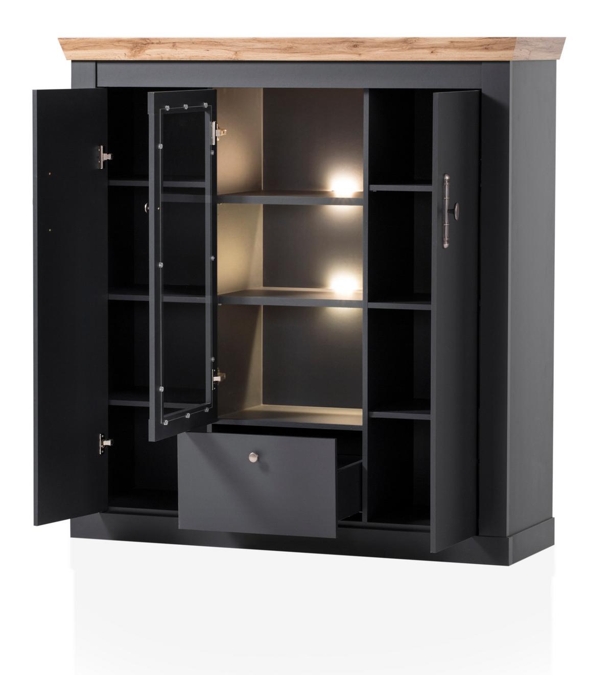 ESSZIMMER-SET 3-teilig grau, Eiche Wotan, Landhaus, Speisezimmer mit Soft-Close - Silberfarben/Eiche Wotan, Glas/Holzwerkstoff (146/169/90cm) - Furn.Design