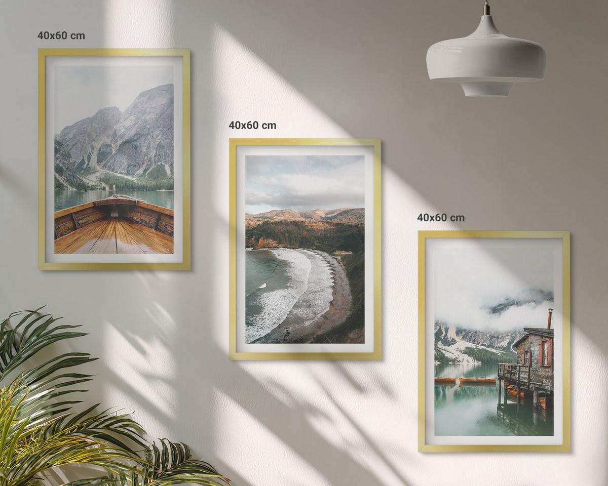 BILDER SET 3er Set - 40x60 cm Goldrahmen - Berge, See, Boot, Strand, Landschaft - Goldfarben, Kunststoff (40/60cm) - TULUP