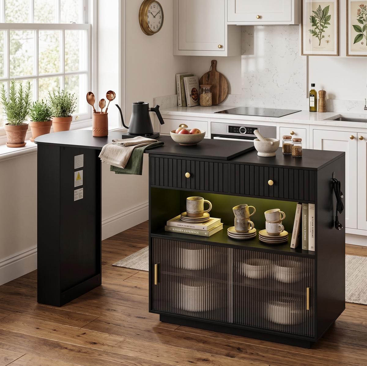 BARTISCH schwarz mit 360° drehbarem sideboard & led-beleuchtung - Schwarz, Holzwerkstoff (50/120/95.5cm) - Urban Meuble