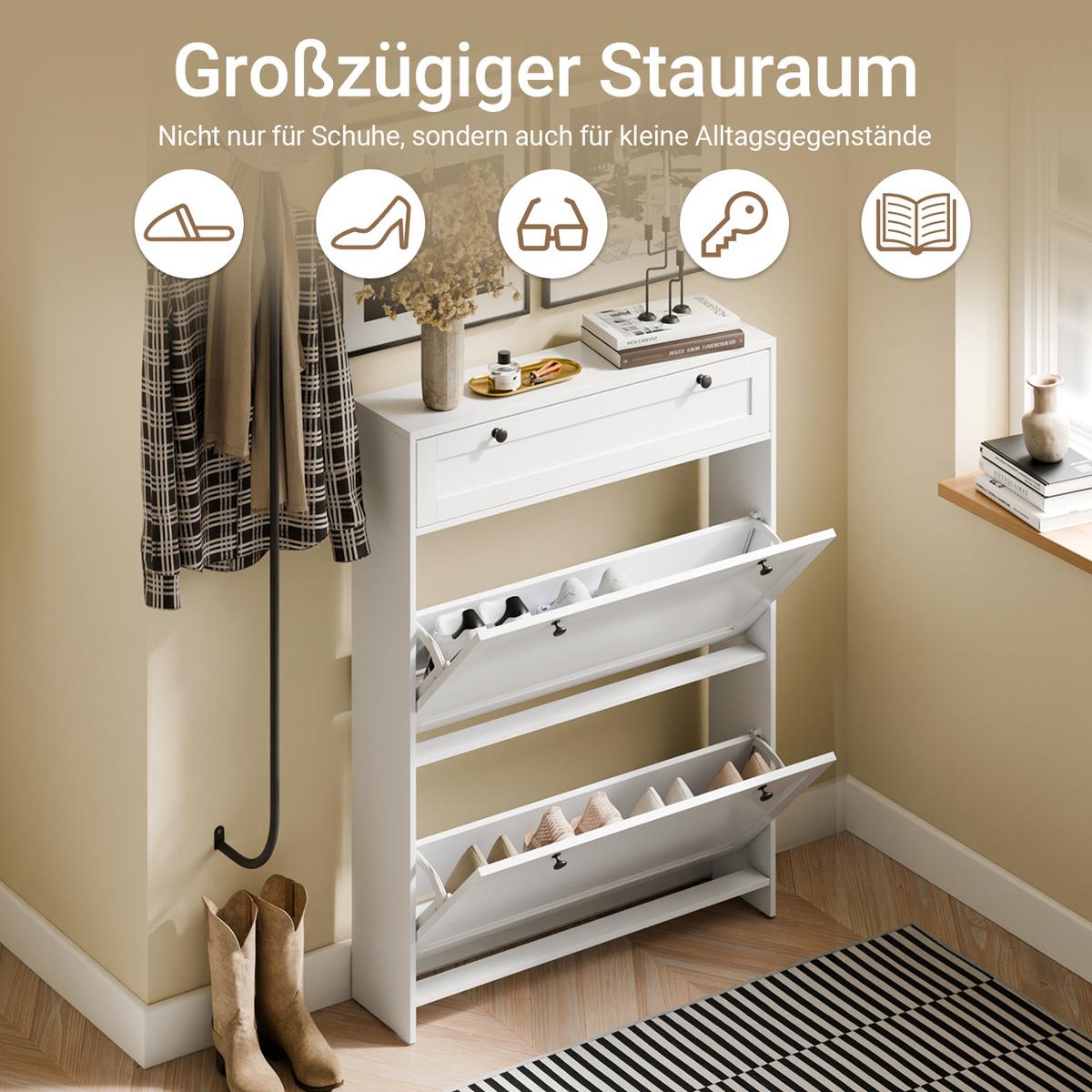 SCHUHKIPPER Schmal mit Schublade, Weiß 80x107x19 cm - Weiß, Holzwerkstoff (80/107/19cm) - SoBuy