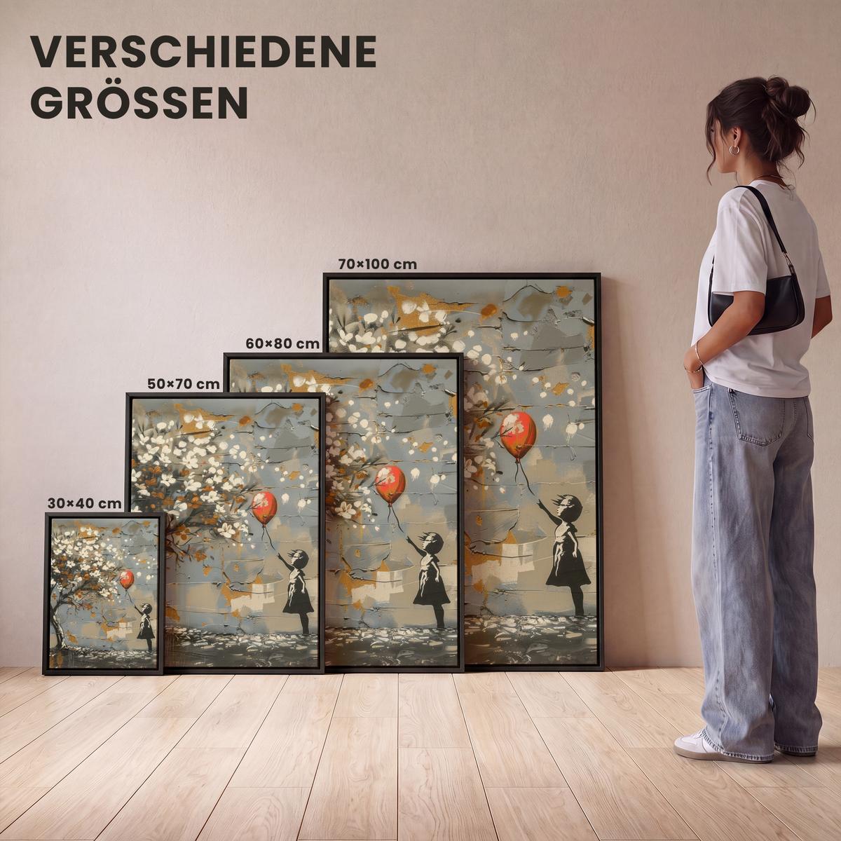 LEINWAND Bilder mit Rahmen - Baum - Graffiti - Banksy-Stil - Ballon-Mädchen - 50x70 - Blaugrau, Textil (50/70cm) - MuchoWow