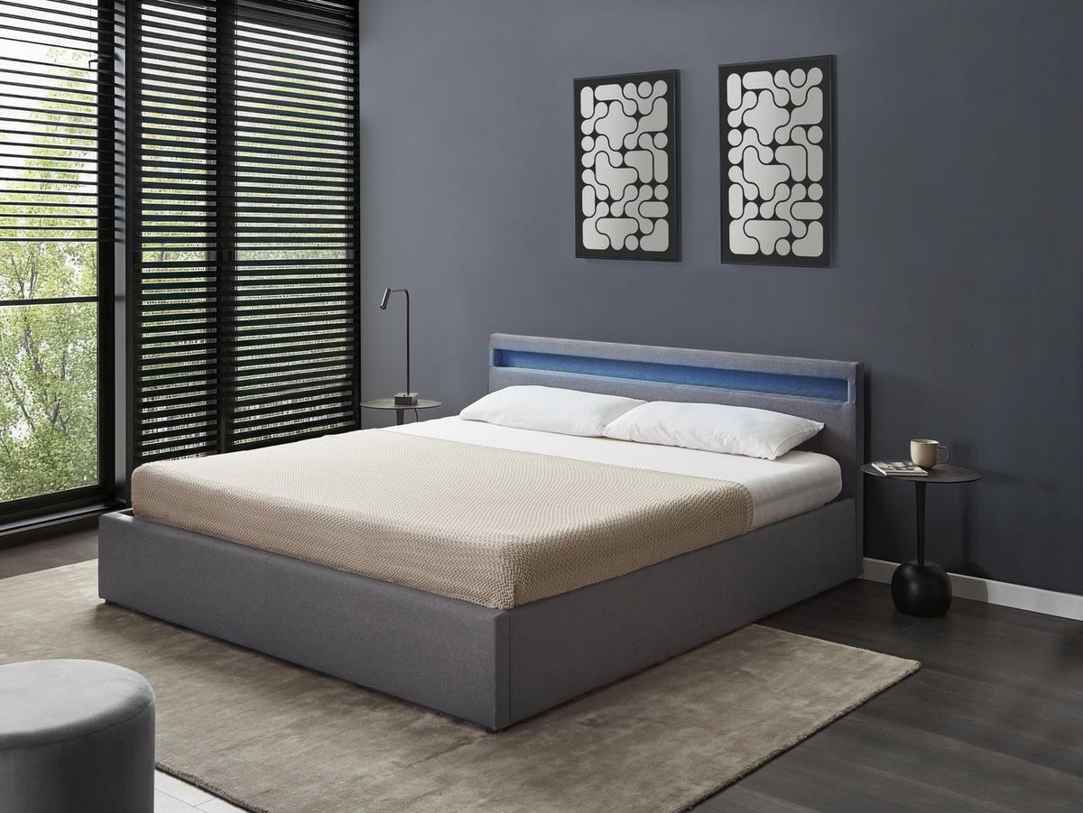 BETT mit Stauraum und LED-Beleuchtung 180/200 cm Stoff Dunkelgrau Armelle - Dunkelgrau, Textil (180/200cm) - Beliani