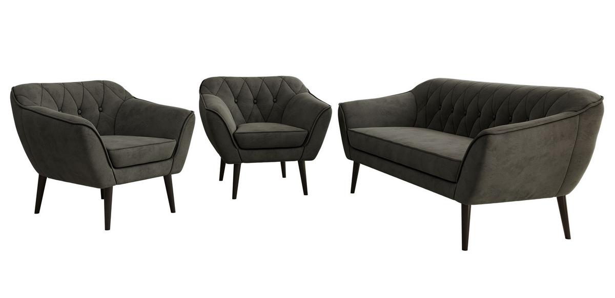 SITZGARNITUR PIRS 3+1+1 - Dunkelgrau Velvet - Schwarze Beine - Dunkelgrau/Schwarz, Holzwerkstoff/Textil (180/75/74cm) - MKS