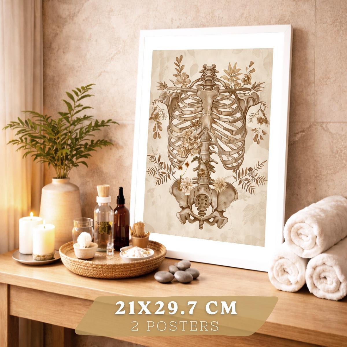 POSTER Set aus 2 Anatomie Mensch Drucke und Wandbilder mit Skelett Schädel Wirbelsäule Rippen Becken Klassischer Stil Größe Rahmenlos A4 - Klar, Papier (21/29.7/3cm) - Nacnic
