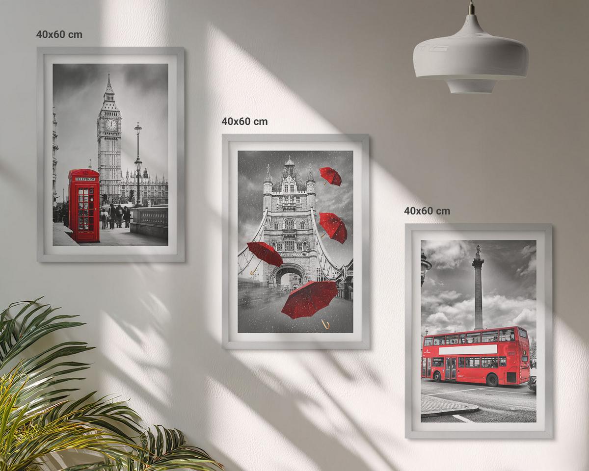 BILDER SET 3er Set - 40x60 cm Silberner Rahmen - Roter Regenschirmstand und Londoner Bus - Silberfarben, Kunststoff (40/60cm) - TULUP