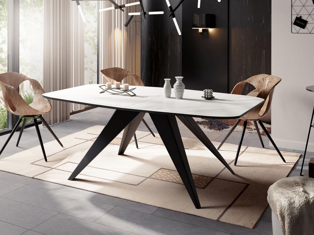 ESSTISCH Foster rechteckig ausziehbar, Marmor Weiß 180-218/90/76 cm - Ecru/Schwarz, Holzwerkstoff/Metall (90/220/76cm) - WFL GROUP