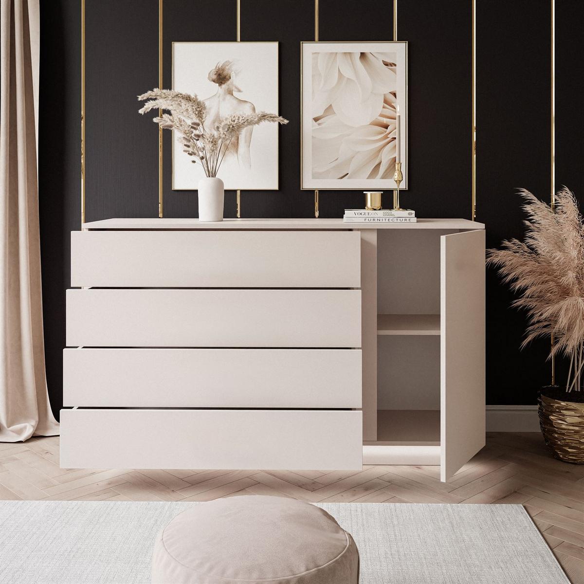KOMMODE LINA KASCHMIR II 1D4S mit LED-Beleuchtung Push-Open-System - Kaschmir/Beige, Holzwerkstoff (138/84/40cm) - Lookway