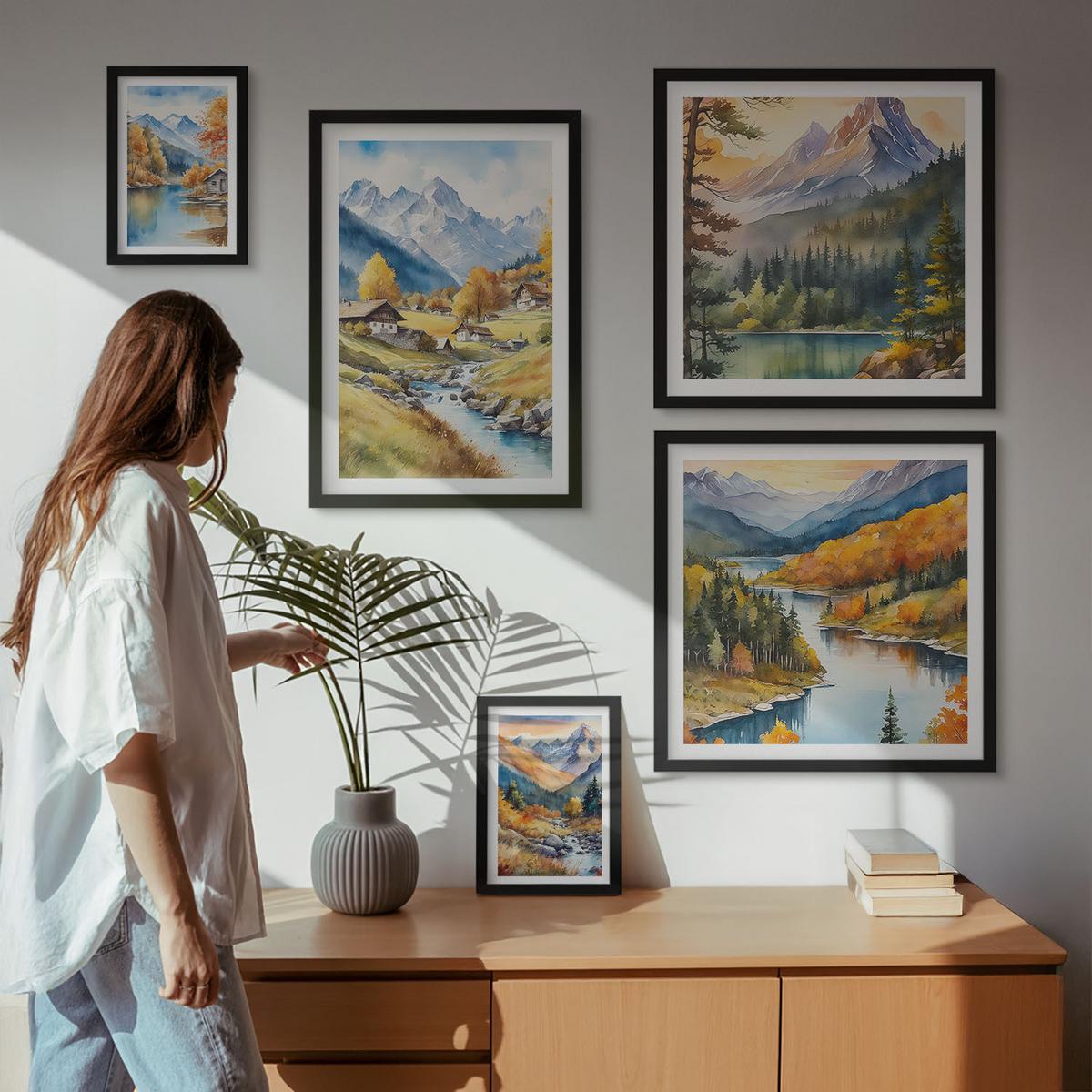 BILDER SET 5er Set - 50x50 cm & 20x30 cm & 40x60 cm Schwarzer Rahmen - Bergblick, Fluss, Herbst - Schwarz, Kunststoff (40/60cm) - TULUP