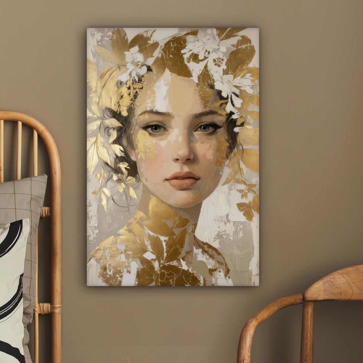 LEINWANDBILD Gesicht - Frau - Blätter - Gold Wanddeko 40x60 cm - Beige, Textil (40/60cm) - MuchoWow