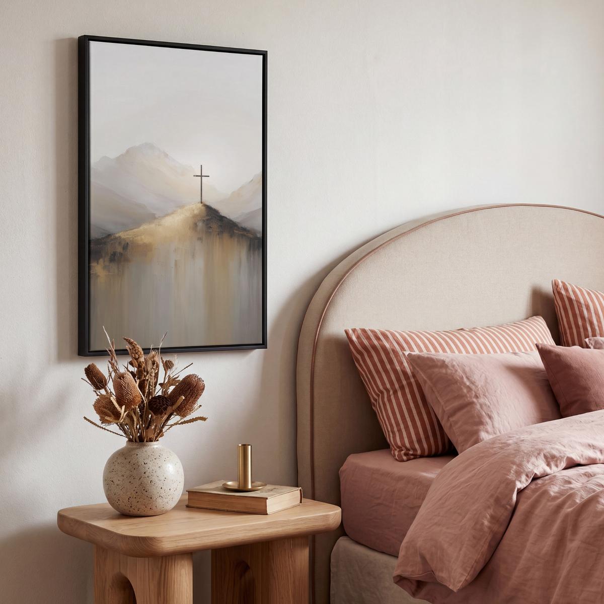 LEINWAND Bilder mit Rahmen - Hügel - Abstrakt - Kreuz - Christentum - 40x60 - Beige, Textil (40/60cm) - MuchoWow