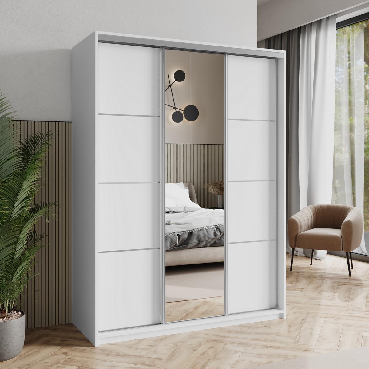 SCHWEBETÜRENSCHRANK VARO 150/205/60 cm 3-türig mit Spiegel Weiß - Weiß, Holzwerkstoff (150/205/60cm) - MASSENO