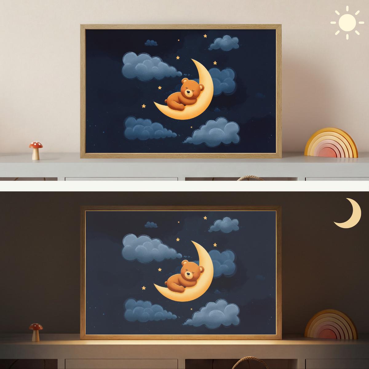 WANDLEUCHTE MIT AKKU Teddybär - Mond - Wolken - Sterne 60x40 cm - Dunkelblau, Holzwerkstoff (60/40/8cm) - OnlyWow