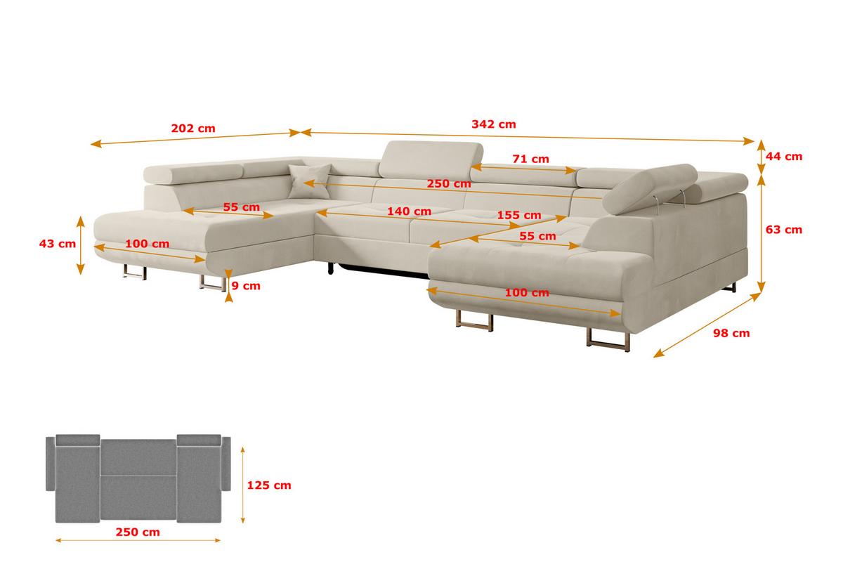 WOHNLANDSCHAFT mit Schlaffunktion und Bettkasten GUSA-U 342x202x107 cm Beige Velours - Beige/Silberfarben, Holzwerkstoff/Textil (342/107/202cm) - ALTDECOR