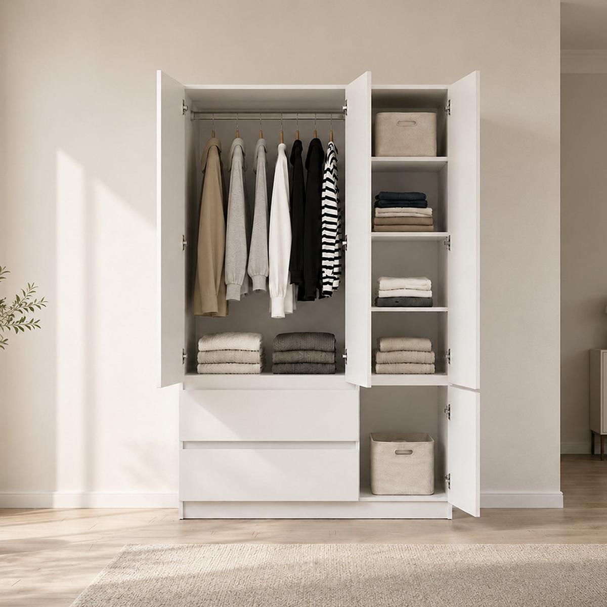 DREHTÜRENSCHRANK SOLO 4D2S, Schlafzimmer, Kleiderschrank Schrank 120 cm Weiß/Weiß, 4-türig, zwei Schubladen, grifflos - Weiß, Holzwerkstoff (120/180/50cm) - imoebel24
