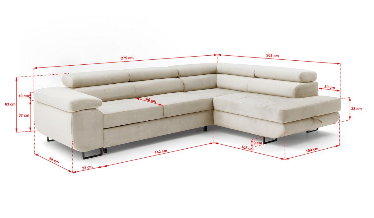 ECKSOFA Velmo mit Bettkasten und Schlaffunktion, verstellbaren Kopfstützen, in L-Form - Beige, Textil (275/203cm)