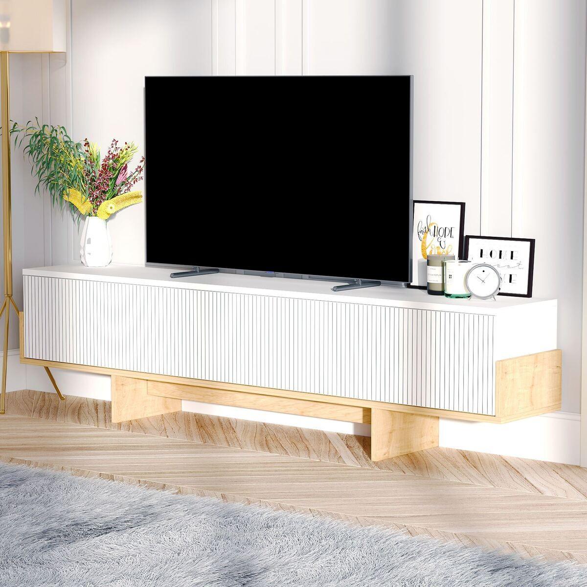 TV-MÖBEL mit 3 abklappbaren Türen gestreift 30/180/44,6 cm - Weiß, Holzwerkstoff (30/44.6/35cm) - Calicosy