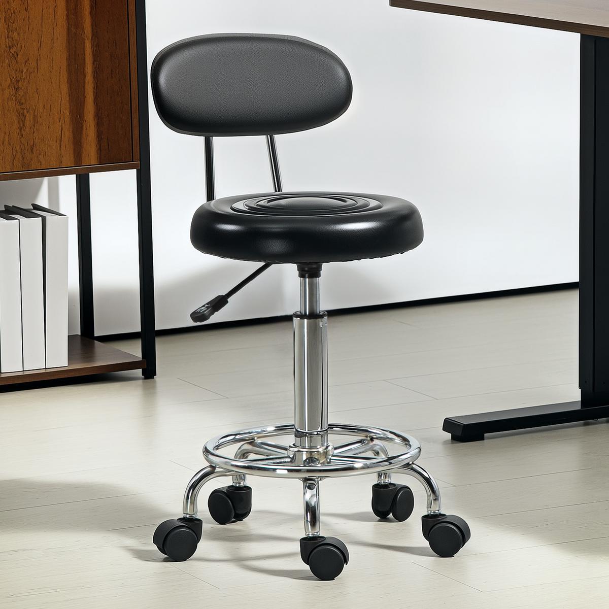 ROLLHOCKER höhenverstellbar Drehhocker Drehbar Salon Hocker mit Lehne, Rädern - Schwarz, Kunststoff (32/86/40cm) - HOMCOM