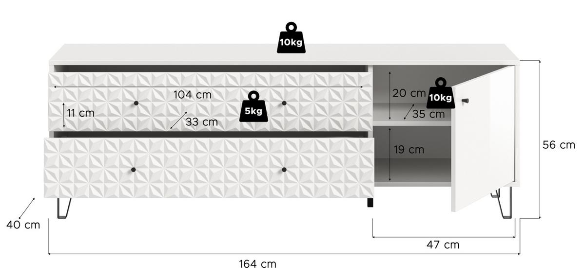 TV-LOWBOARD weiß Hochglanz 164 x 56 cm, TV Unterteil mit 3D-Struktur - Weiß Hochglanz/Schwarz, Holzwerkstoff/Kunststoff (164/56/40cm) - Inn.Furn
