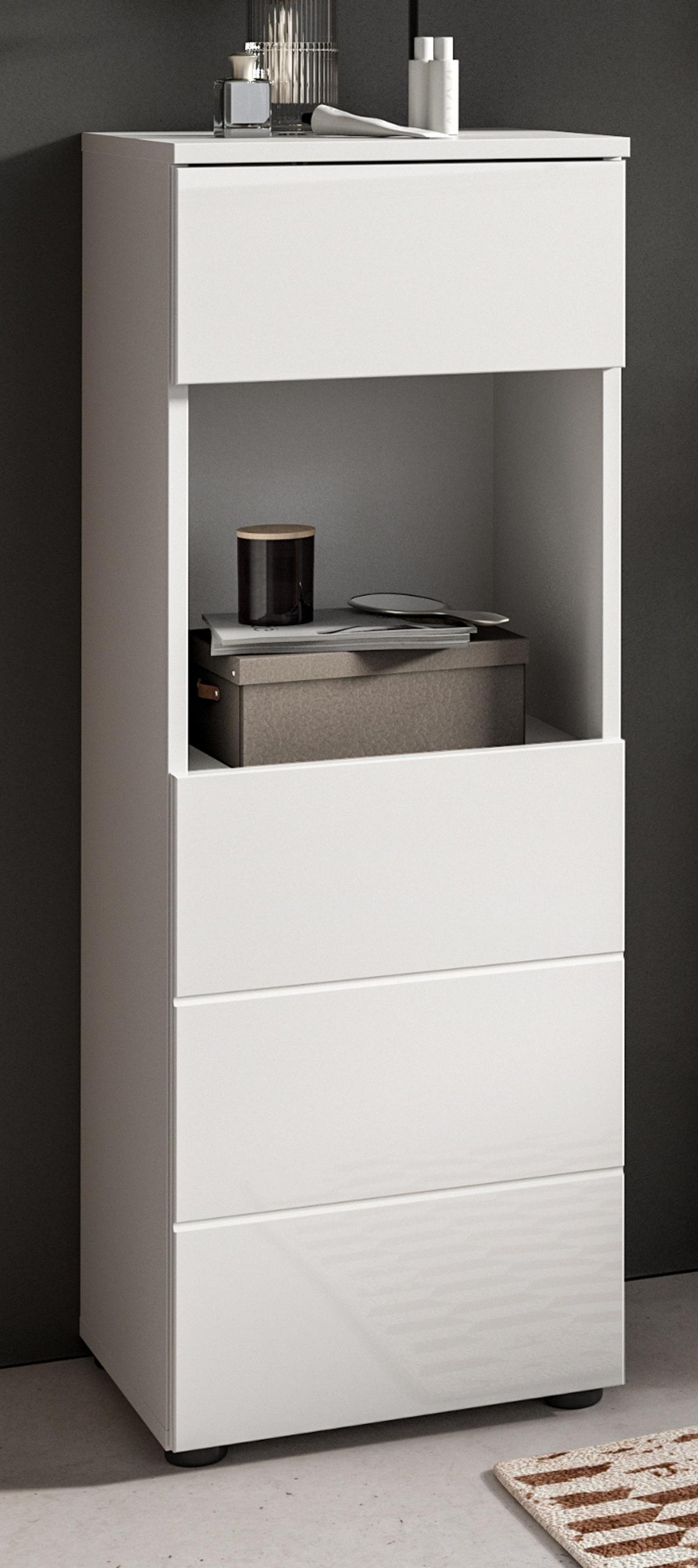 BADSCHRANK weiß Hochglanz 38 x 106 cm, Badezimmer Kommode mit Schubkasten - Weiß Hochglanz/Schwarz, Holzwerkstoff/Kunststoff (38/106/34cm) - Inn.Furn