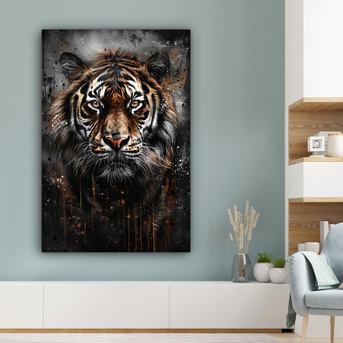 LEINWANDBILD Tiger - Tiere - Porträt - Luxus - Schwarz Deko XXL 80x120 cm - Anthrazit, Textil (80/120cm) - MuchoWow