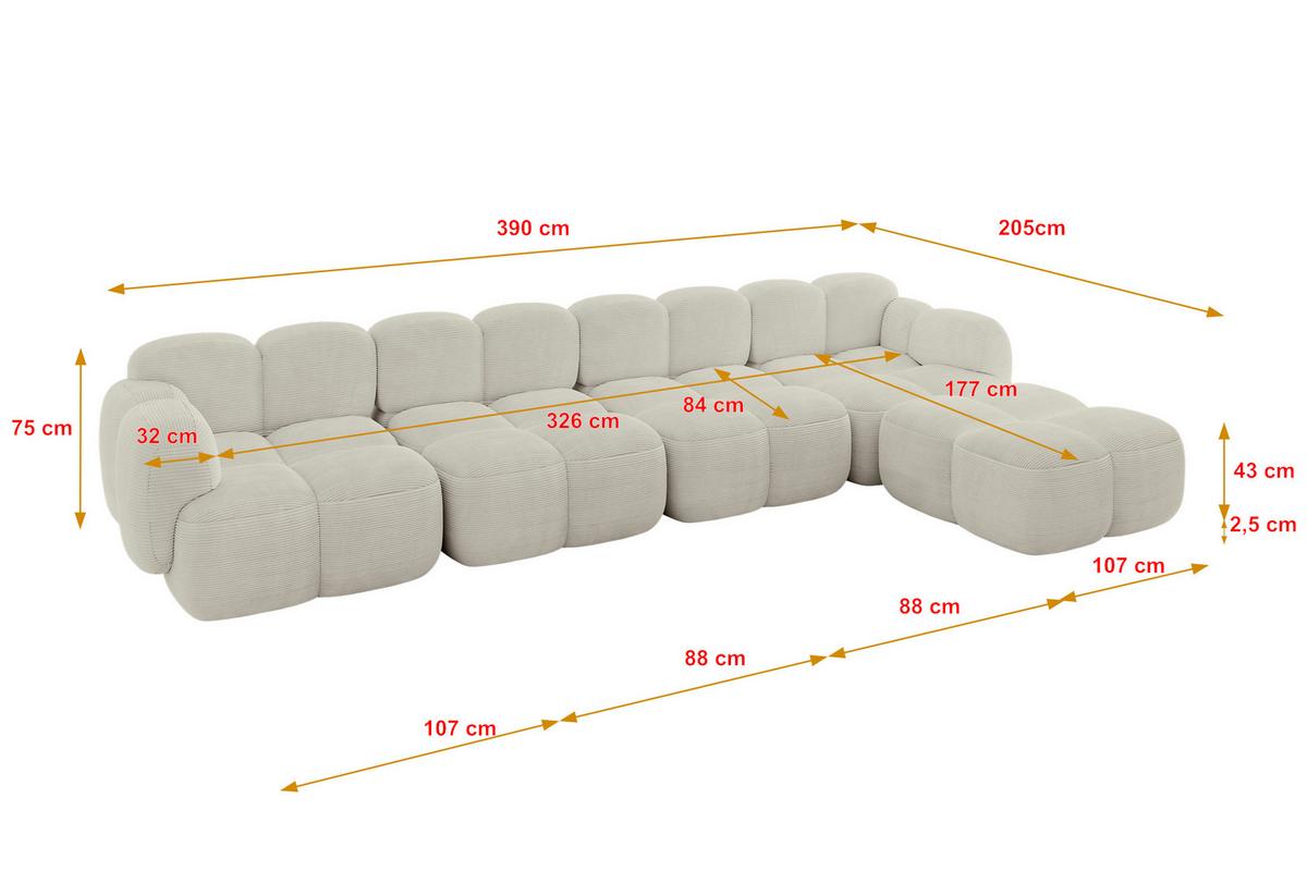 ECKSOFA modulares Sofa Rechts Miko-L3 390x205x75 Creme Cord - Schwarz/Mokka, Holzwerkstoff/Kunststoff (390/205cm) - ALTDECOR