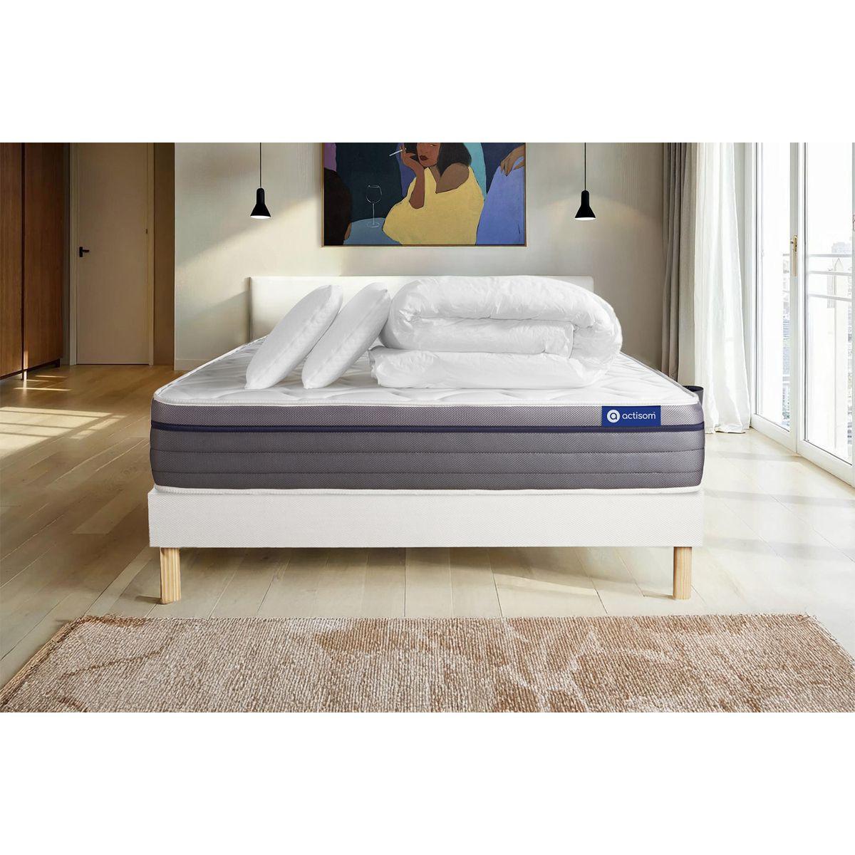 BETT Actimemo zen Memory-Schaum 140 x 200 cm h1 - Kit Bettgestell Weiß - Mit Kissen und Bettdecke - Beige/Weiß, Karton/Holz (140/200cm) - ACTISOM