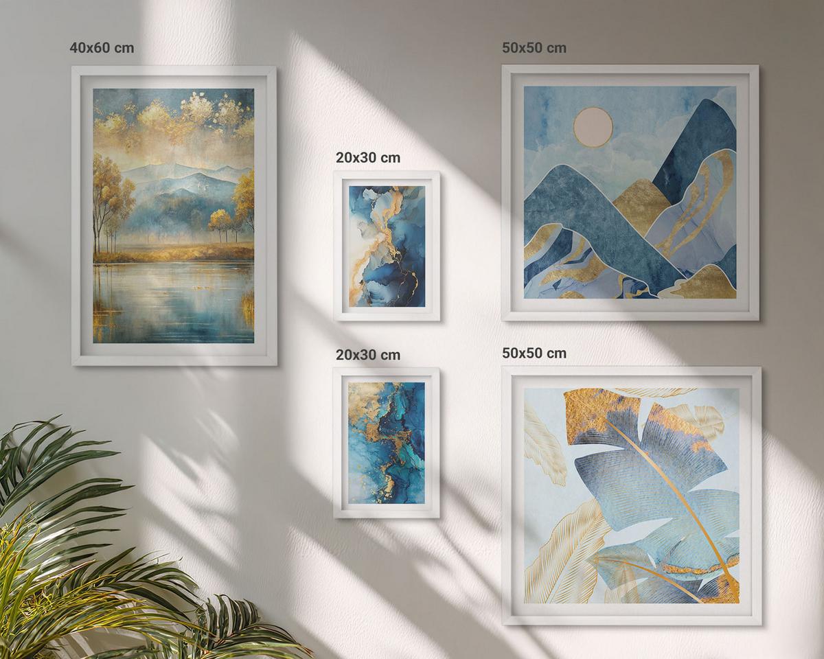 BILDER SET 5er Set - 50x50 cm & 20x30 cm & 40x60 cm Weißer Rahmen - Goldmuster in den blauen Bergen - Weiß, Kunststoff (40/60cm) - TULUP