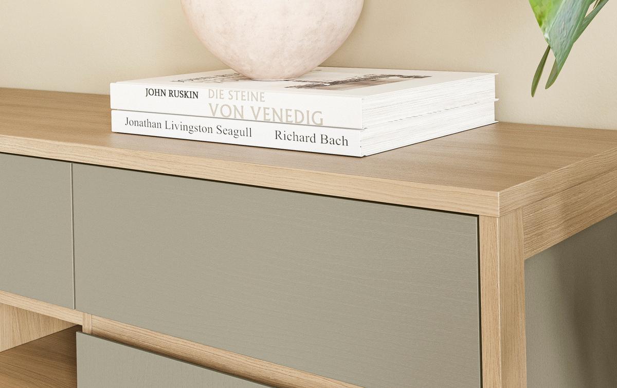WOHNWAND Salbei grün, Eiche, Schrankwand skandinavisch 4-teilig 360 cm, Soft-Close - Salbeigrün/Eichefarben, Holzwerkstoff/Metall (363/195/39cm) - Furn.Design