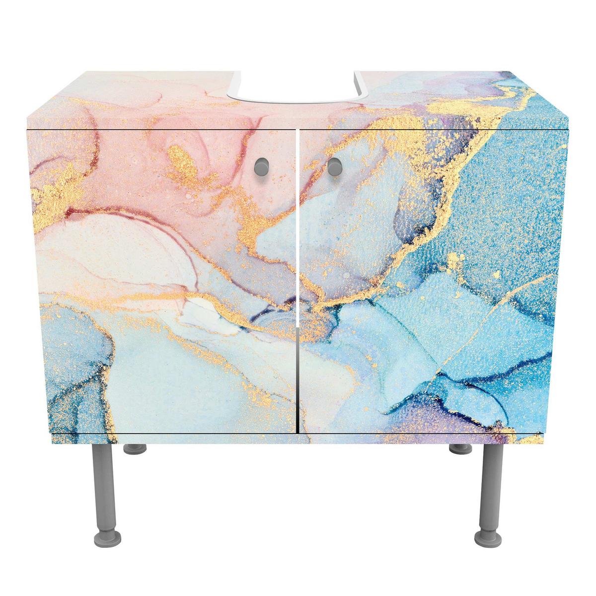 WASCHBECKENUNTERSCHRANK Aquarell Pastell Bunt mit Gold 60/55/35 cm - Pastellblau, Holzwerkstoff (60/55/35cm) - Bilderwelten
