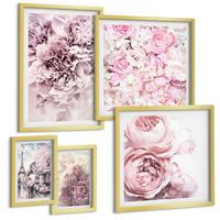 BILDER SET 5er Set - 50x50 cm & 20x30 cm & 40x60 cm Goldrahmen - Rosa Blumen, romantische Landschaft - Goldfarben, Kunststoff (40/60cm) - TULUP
