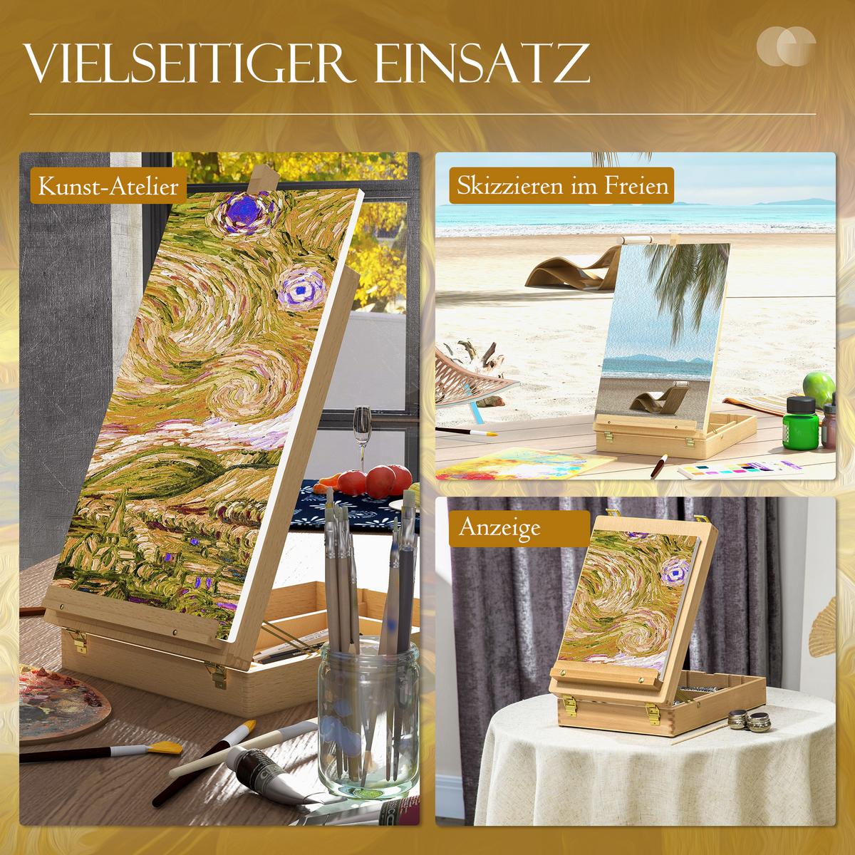 TISCHSTAFFELEI Winkelverstellbare Staffelei mit Griff, Stauraum Buchenholz Natur - Eiche Bianco, Holz (41.5/74.5/27cm) - HOMCOM