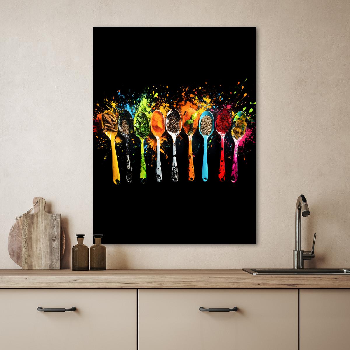 LEINWANDBILD Löffel - Gewürze - Modern - Graffiti - Farbe - Farbenfroh Wandbild Wohnzimmer 60x80 cm - Multicolor, Textil (60/80cm) - MuchoWow