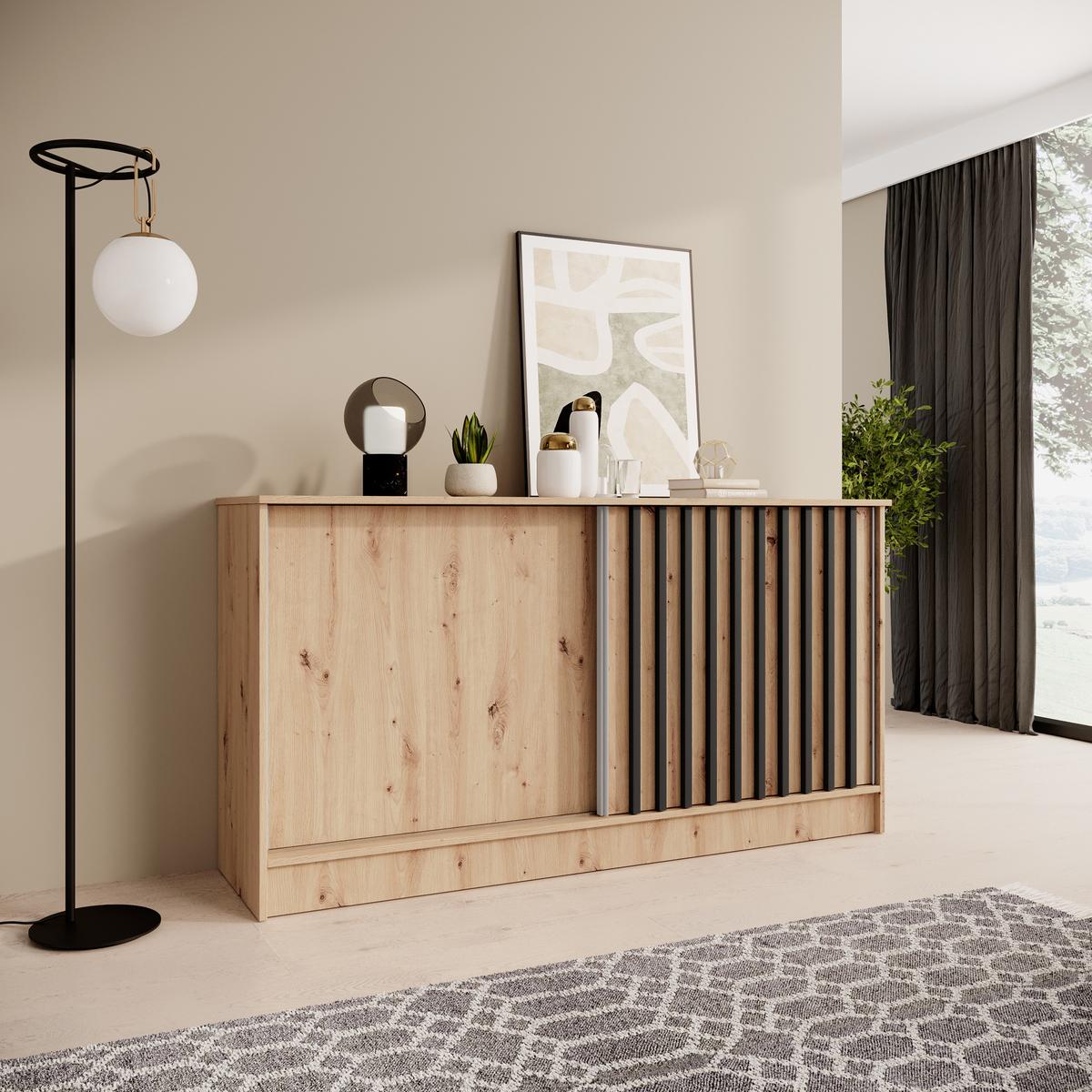 KOMMODE Horizon mit 2 Schiebetüren, eiche Artisan, 160 cm - Schwarz/Eiche Artisan, Holzwerkstoff (161/85/43.5cm) - Beautysofa