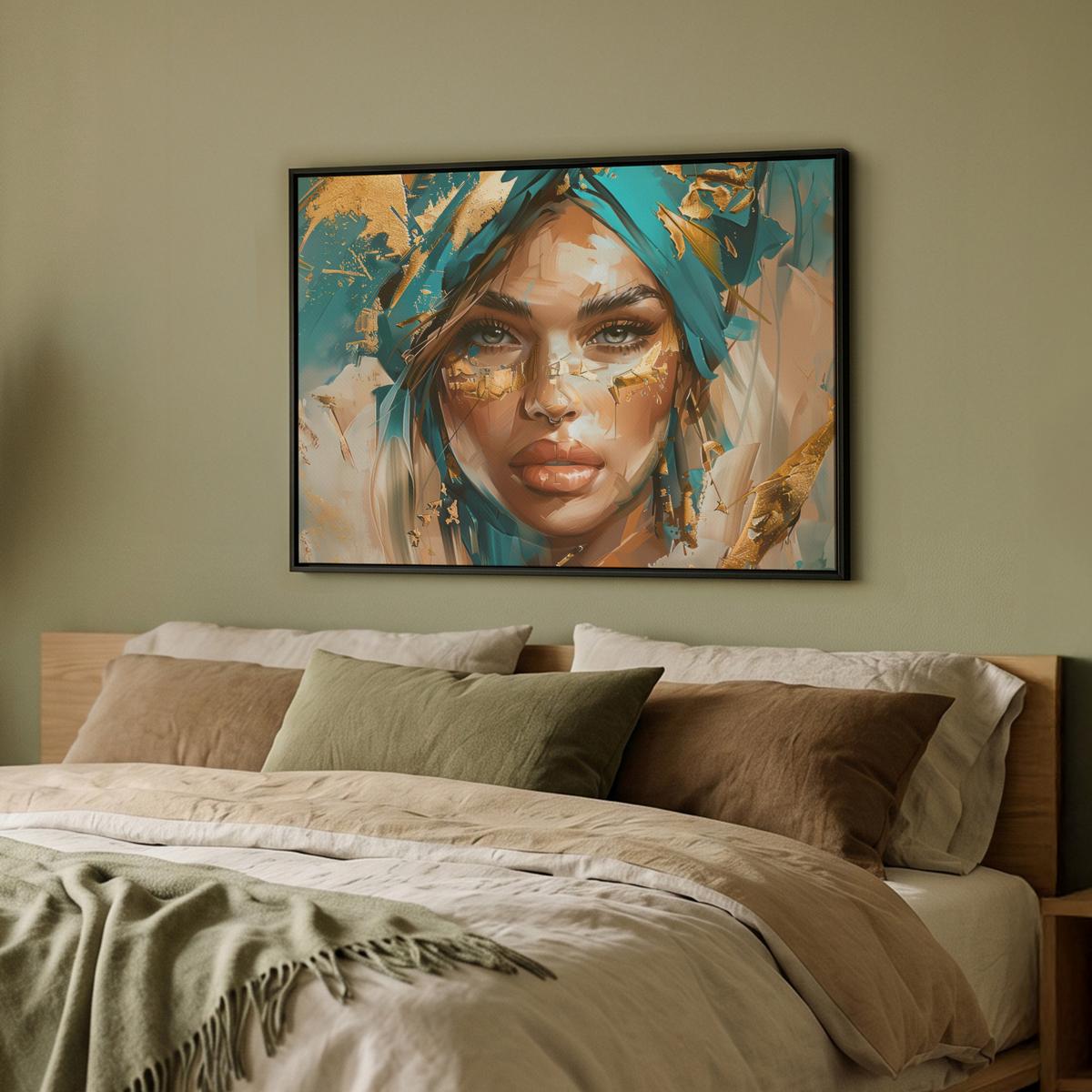 LEINWAND Bilder mit Rahmen - Frau - Porträt - Gold - Luxus - Blau - 80x60 - Türkis, Textil (80/60cm) - MuchoWow