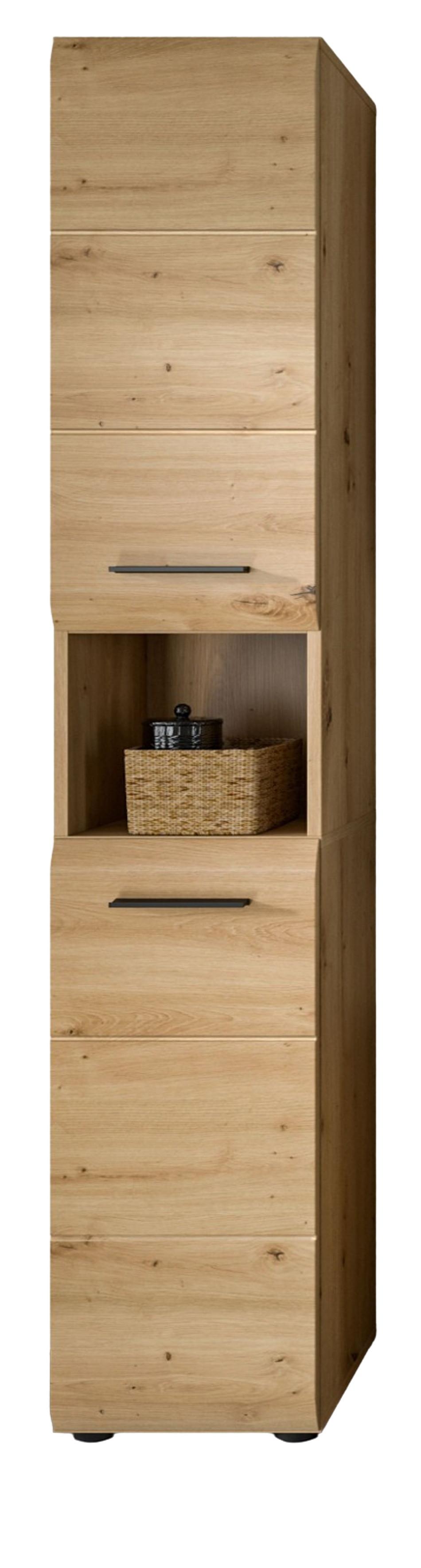 HOCHSCHRANK Eiche Artisan, Badschrank 30 x 185 cm, 7 Fächer, Türanschlag wechselbar - Schwarz/Eiche Artisan, Holzwerkstoff/Kunststoff (30/185/30cm) - Inn.Furn