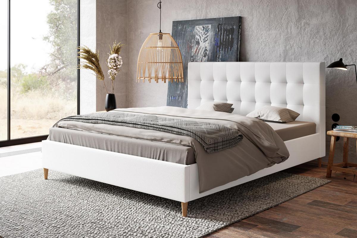 POLSTERBETT LUX Rio mit Kopfteil, 160 x 200 cm, Doppelbett mit Lattenrost aus Holz, Kunstleder Weiß, Füße in Farbe: Braun - Weiß, Holz/Textil (160/200cm) - Alpi-Möbel