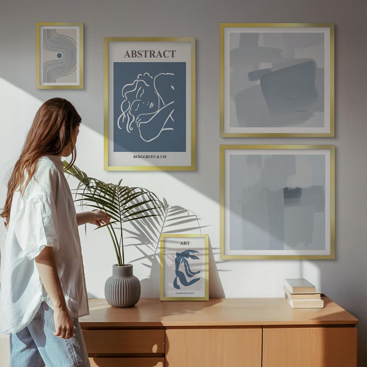 BILDER SET 5er Set - 50x50 cm & 20x30 cm & 40x60 cm Goldrahmen - Poster mit abstrakten Linien und Wellen - Goldfarben, Kunststoff (40/60cm) - TULUP