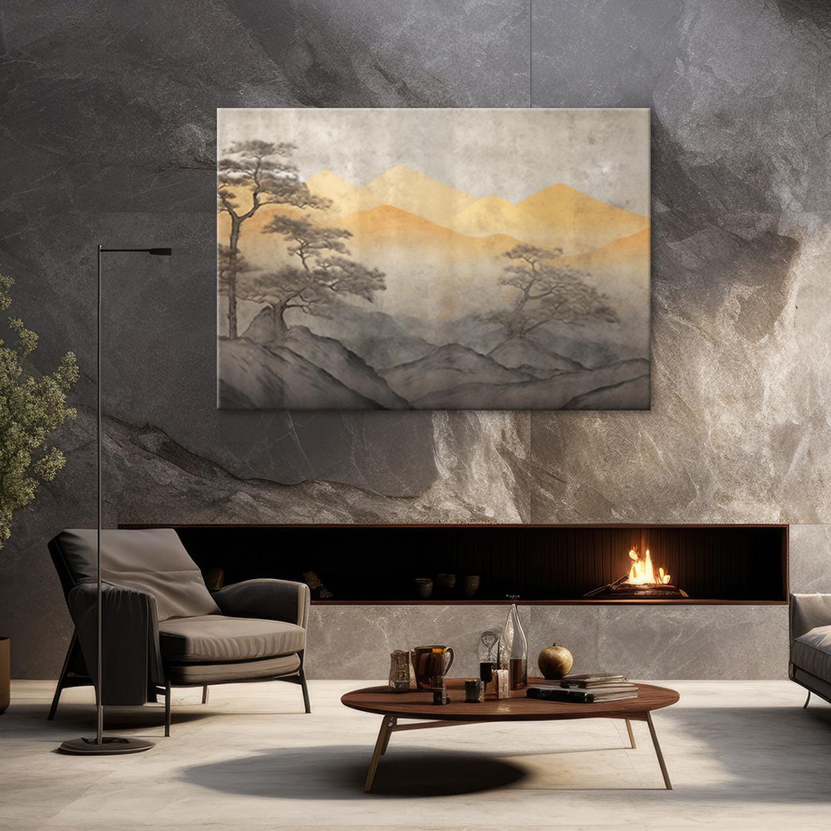 WANDBILD berglandschaft in gold - Gelb, Textil (60/40cm) - Feeby