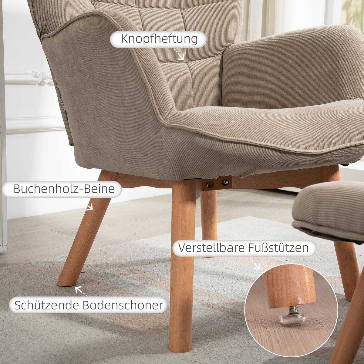 OHRENSESSEL mit Hocker, Relaxsessel, Polstersessel in Cord-Optik, mit Holzbeine - Hellbraun/Braun, Buchenholz/Textil (72/101/80cm) - HOMCOM
