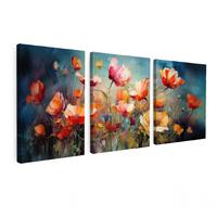 LEINWANDBILD 3er Set Blumen - Bunt - Abstrakt 180x80 cm - Blaugrau, Textil (180/80cm) - MuchoWow